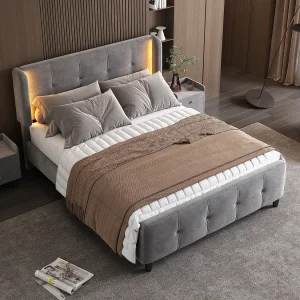 Bed voor volwassenen 140×200 cm met in hoogte verstelbare hoofdbord en LED-verlichting, bekleed met grijze fluweel, zonder matras Bed voor volwassenen 140×200 cm met in hoogte verstelbare hoofdbord en LED-verlichting, bekleed met grijze fluweel, zonder matras