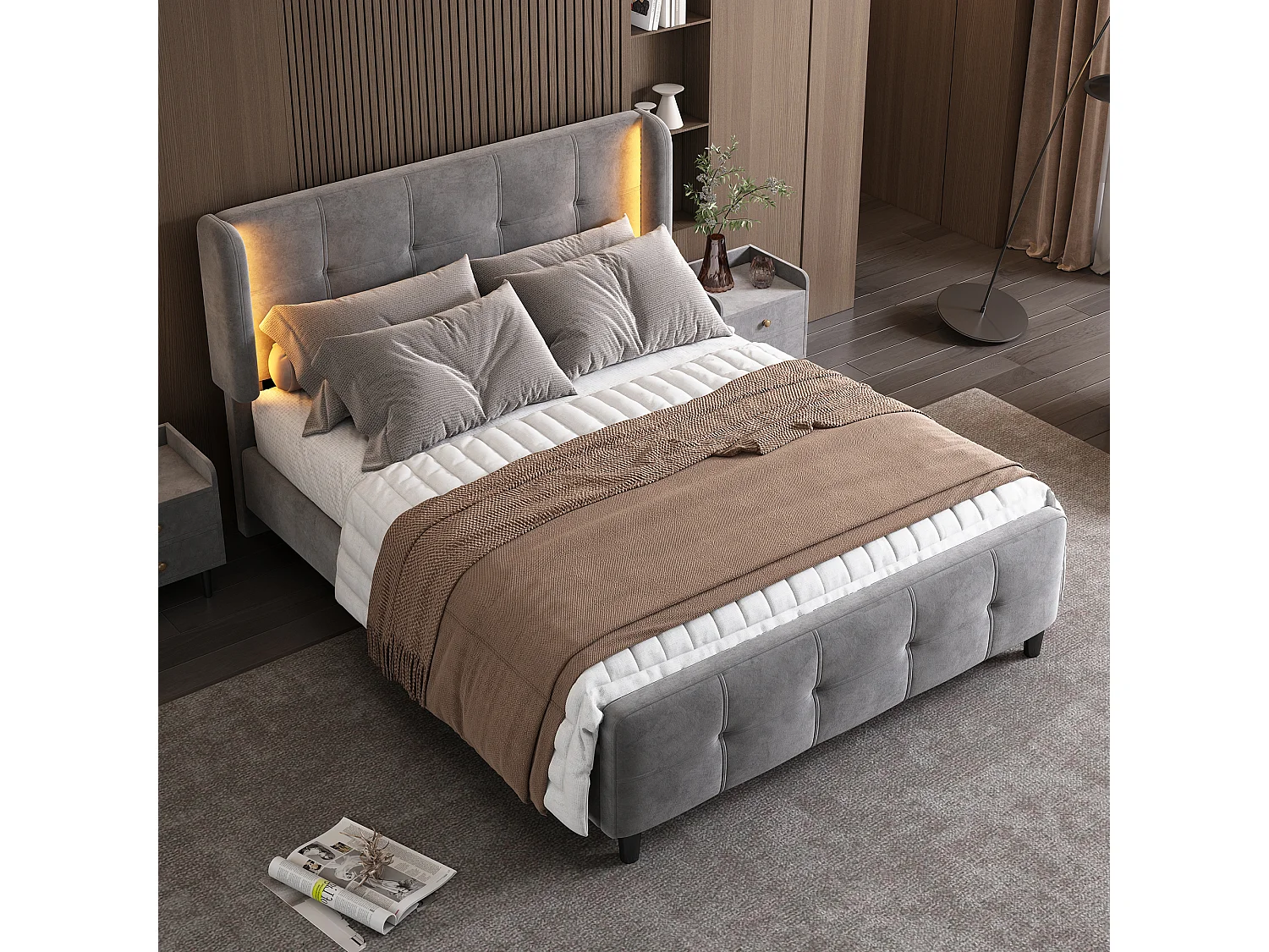 Bed voor volwassenen 140x200 cm met in hoogte verstelbare hoofdbord en LED-verlichting, bekleed met grijze fluweel, zonder matras