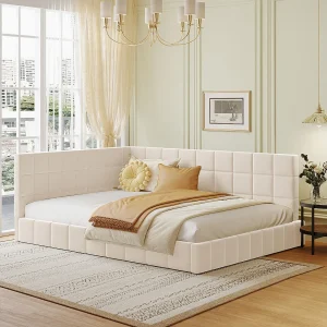 Bed voor volwassenen 140×200 cm in sofa-stijl met 2 grote armleuningen, lattenbodem inbegrepen, bekleed met beige fluweel, zonder matras Bed voor volwassenen 140×200 cm in sofa-stijl met 2 grote armleuningen, lattenbodem inbegrepen, bekleed met beige fluweel, zonder matras