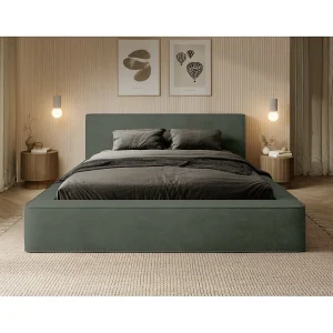 Bed met opbergruimte VELORA – Dennengroen – 180×200 cm – Zacht fluwelen stof – Opklapbare lattenbodem – Ingebouwde opbergruimte