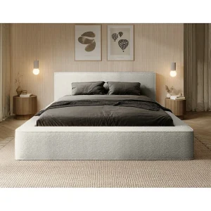 Bed met opbergruimte VELORA – Alpenwit gekruld – 180×200 cm – Zacht fluwelen stof – Opklapbare lattenbodem – Ingebouwde opslag