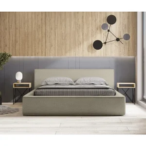 Bed met opbergruimte VELORA – Natuurlijk gekruld linnen – 160×200 cm – Stof met wol effect – Opklapbare lattenbodem – Ingebouwde opslag