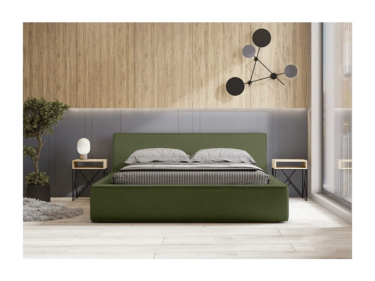 Bed met opbergruimte VELORA – Olive bouclé – 160x200 cm – Zacht fluwelen stof – Verstelbare lattenbodem – Ingebouwde opbergruimte