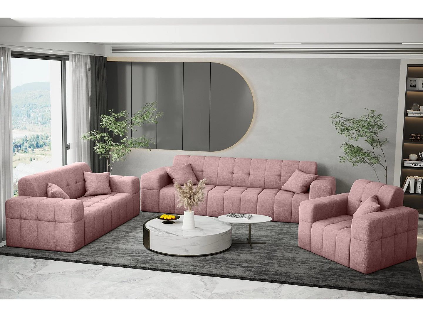 Bankstel 3+2+1 Bankstel serie NIMES stijlvolle stof Perfect Harmony roze