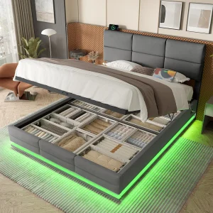 Bed met opbergruimte voor volwassenen 160×200 cm grijs fluweel, in hoogte verstelbare hoofdbord, met LED en USB, zonder matras Bed met opbergruimte voor volwassenen 160×200 cm grijs fluweel, in hoogte verstelbare hoofdbord, met LED en USB, zonder matras