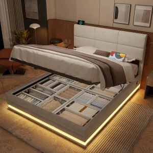 Bed met opbergruimte voor volwassenen 180×200 cm beige fluweel, in hoogte verstelbare hoofdbord, met LED en USB, zonder matras Bed met opbergruimte voor volwassenen 180×200 cm beige fluweel, in hoogte verstelbare hoofdbord, met LED en USB, zonder matras