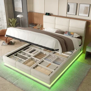 Bed met opbergruimte voor volwassenen 140×200 cm beige fluweel, in hoogte verstelbare hoofdbord, met LED en USB, zonder matras Bed met opbergruimte voor volwassenen 140×200 cm beige fluweel, in hoogte verstelbare hoofdbord, met LED en USB, zonder matras
