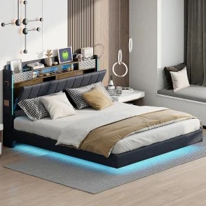 Bed voor volwassenen 160×200 cm in grijs linnen met opberghoofdeinde, LED en USB, zwevend ontwerp, zonder matras Bed voor volwassenen 160×200 cm in grijs linnen met opberghoofdeinde, LED en USB, zwevend ontwerp, zonder matras
