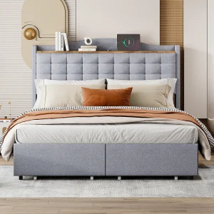 Bed voor volwassenen 140×200 cm in grijs linnen met 4 lades en USB, lattenbodem, zonder matras Bed voor volwassenen 140×200 cm in grijs linnen met 4 lades en USB, lattenbodem, zonder matras