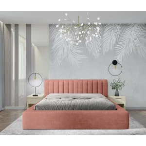 Bed met opbergruimte CERVIN – Zacht fluweel Okerroze – 140×200 cm – Opklapbare lattenbodem – Elegant ontwerp