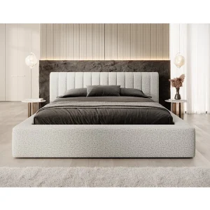 Bed met opbergruimte CERVIN – Bouclé stof Zandkleurige wolk – 160×200 cm – Opklapbare lattenbodem – Hedendaags ontwerp