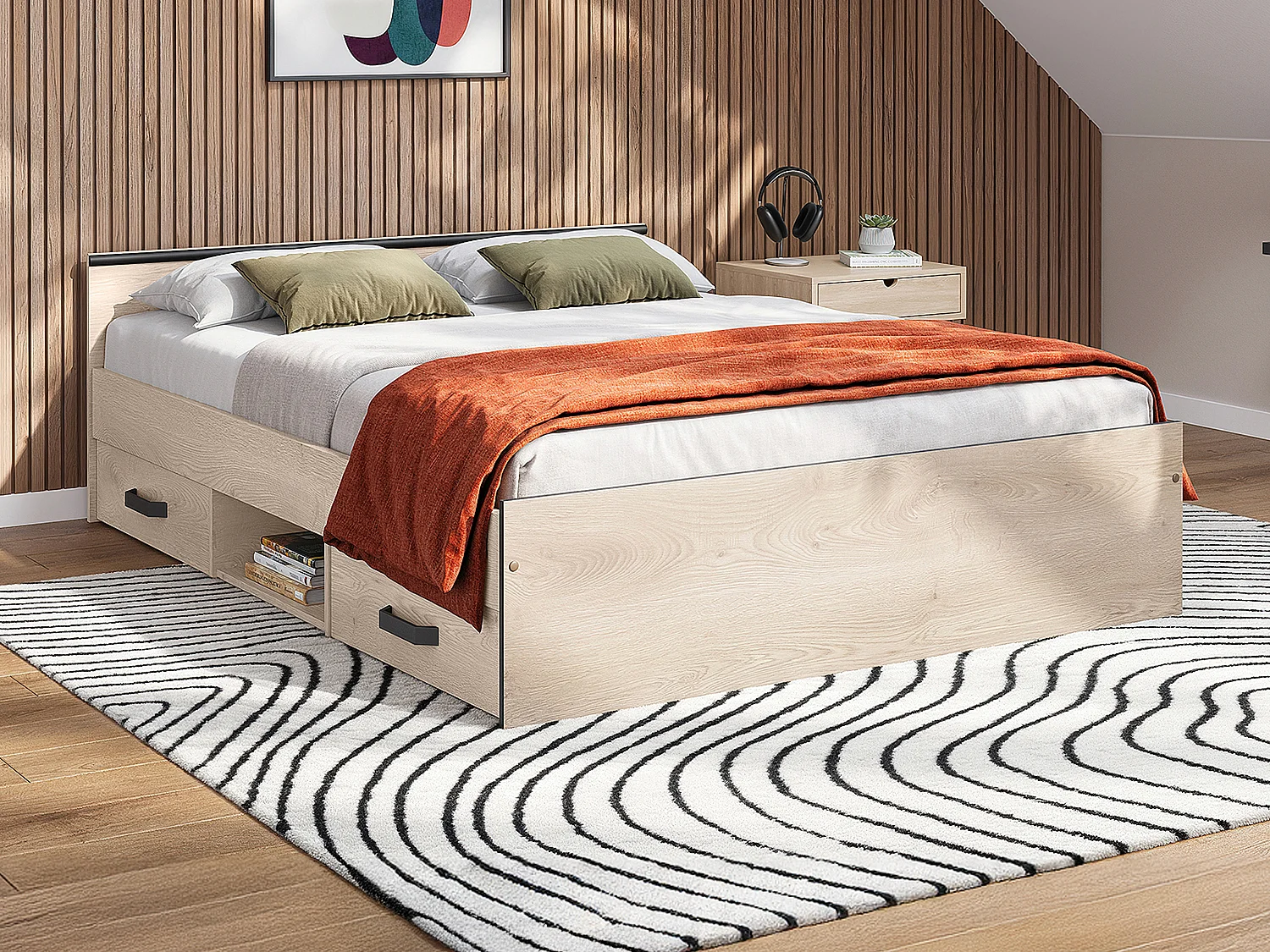 Bed met opbergruimte 140 x 190 cm - 2 lades - houtlook + onderbed + matras - Koop nu