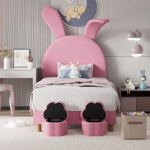 Bed 90×200 cm – roze fluweel – kinderbed met ledverlichting en 2 krukken – verstelbaar hoofdeinde