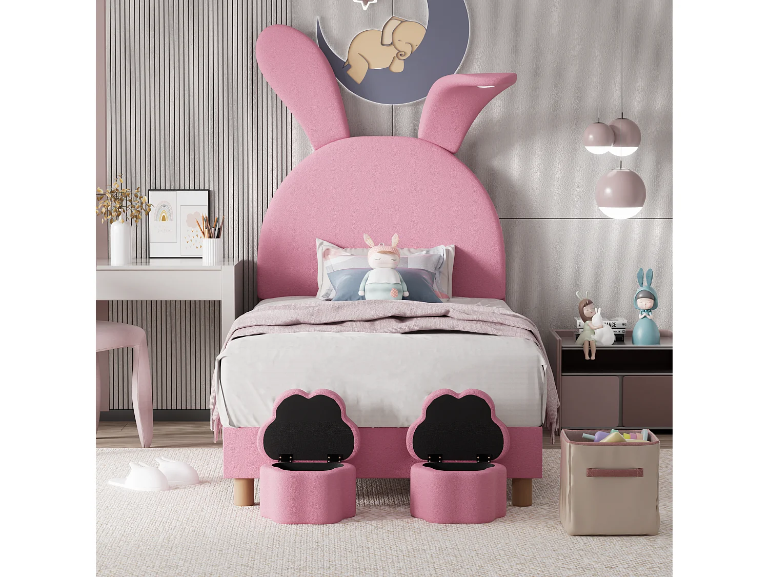 Bed 90x200 cm - roze fluweel - kinderbed met ledverlichting en 2 krukken - verstelbaar hoofdeinde