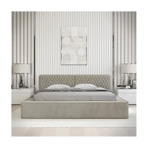 Bed met opbergruimte VERNON – Chenille bouclé stof Taupe rokerig – 140×200 cm – Opklapbare lattenbodem – Luxe ontwerp Bed met opbergruimte VERNON – Chenille bouclé stof Taupe rokerig – 140×200 cm – Opklapbare lattenbodem – Luxe ontwerp