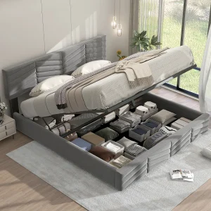 Bed met opbergruimte 160×200 cm – grijze fluwelen stof – gestoffeerd bed met in hoogte verstelbaar hoofdbord – zonder matras Bed met opbergruimte 160×200 cm – grijze fluwelen stof – gestoffeerd bed met in hoogte verstelbaar hoofdbord – zonder matras