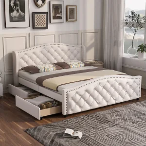 Bed 160×200 cm – wit PU – met 2 lades en geklonken hoofdbord – zonder matras Bed 160×200 cm – wit PU – met 2 lades en geklonken hoofdbord – zonder matras