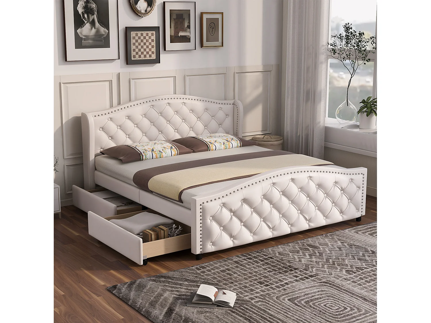 Bed 160x200 cm - wit PU - met 2 lades en geklonken hoofdbord - zonder matras