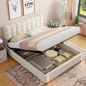 Bed 160x200cm met automatische sensor LED-verlichting, gestoffeerd bed met opbergruimte, fluweel, beige Bed 160x200cm met automatische sensor LED-verlichting, gestoffeerd bed met opbergruimte, fluweel, beige
