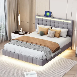 Bed 140 x 200 cm met ledverlichting en verstelbaar hoofdeinde, lattenbodem, linnen stof, grijs