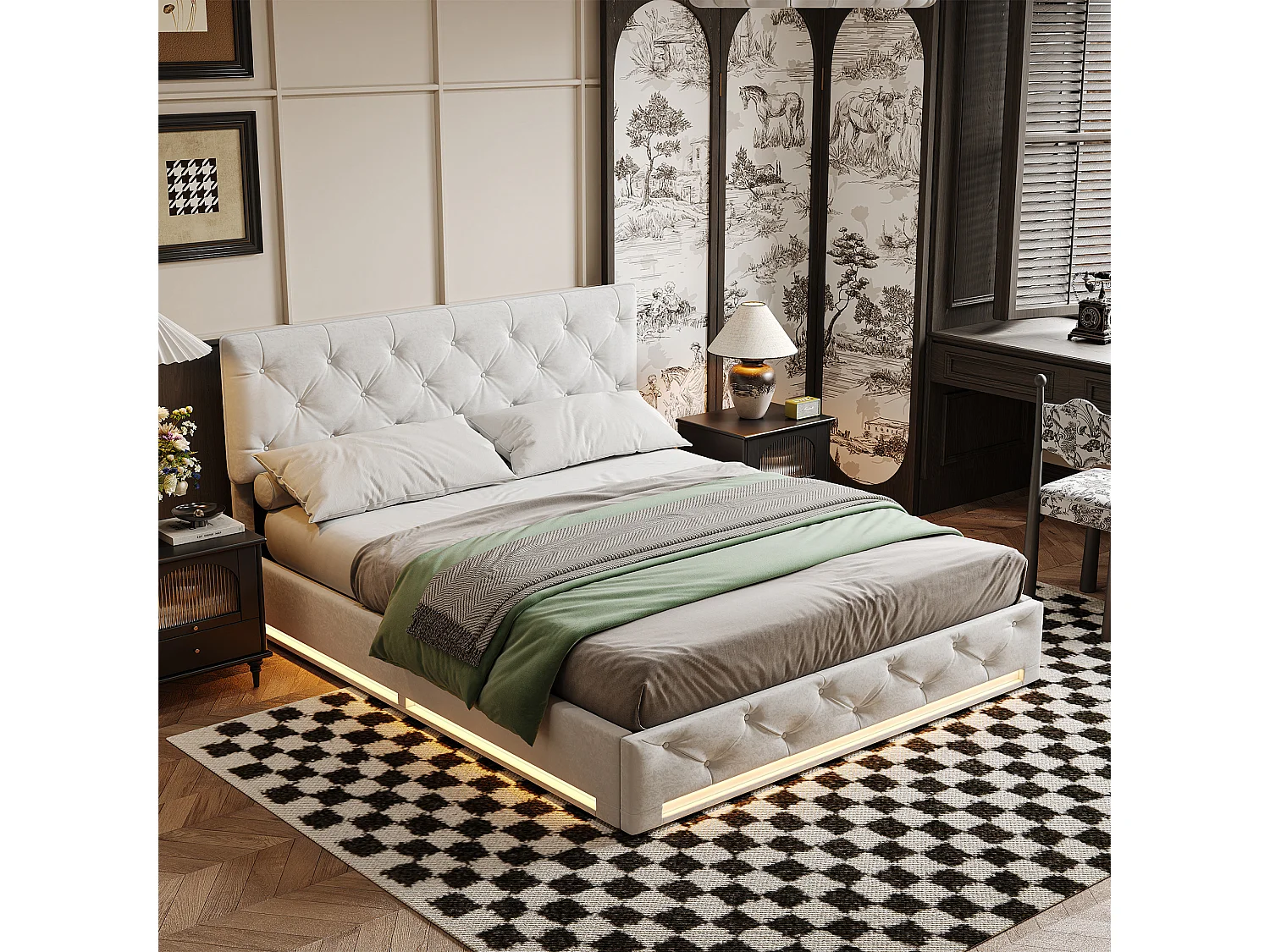 Bed 140x200cm met bedbodem en LED, opbergbed met hoofdeinde en opbergruimte, zonder matras, wit