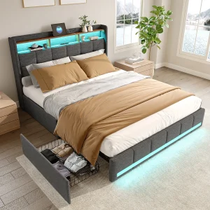 Bed 160×200 cm met LED en USB, ladekast met 4 lades en grote opbergruimte, tweepersoonsbed met lattenbodem, grijs