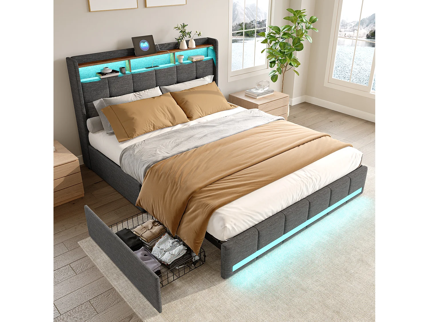 Bed 160x200 cm met LED en USB, ladekast met 4 lades en grote opbergruimte, tweepersoonsbed met lattenbodem, grijs