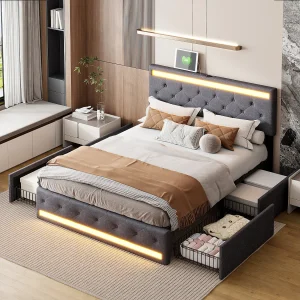 Bed 140×200 cm met LED- en USB-voet, gestoffeerd tweepersoonsbed met lattenbodem en 4 lades, grijs Bed 140×200 cm met LED- en USB-voet, gestoffeerd tweepersoonsbed met lattenbodem en 4 lades, grijs