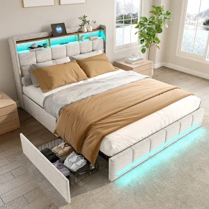 Bed 160×200 cm met LED en USB, ladekast met 4 lades en grote opbergruimte, tweepersoonsbed met lattenbodem, beige