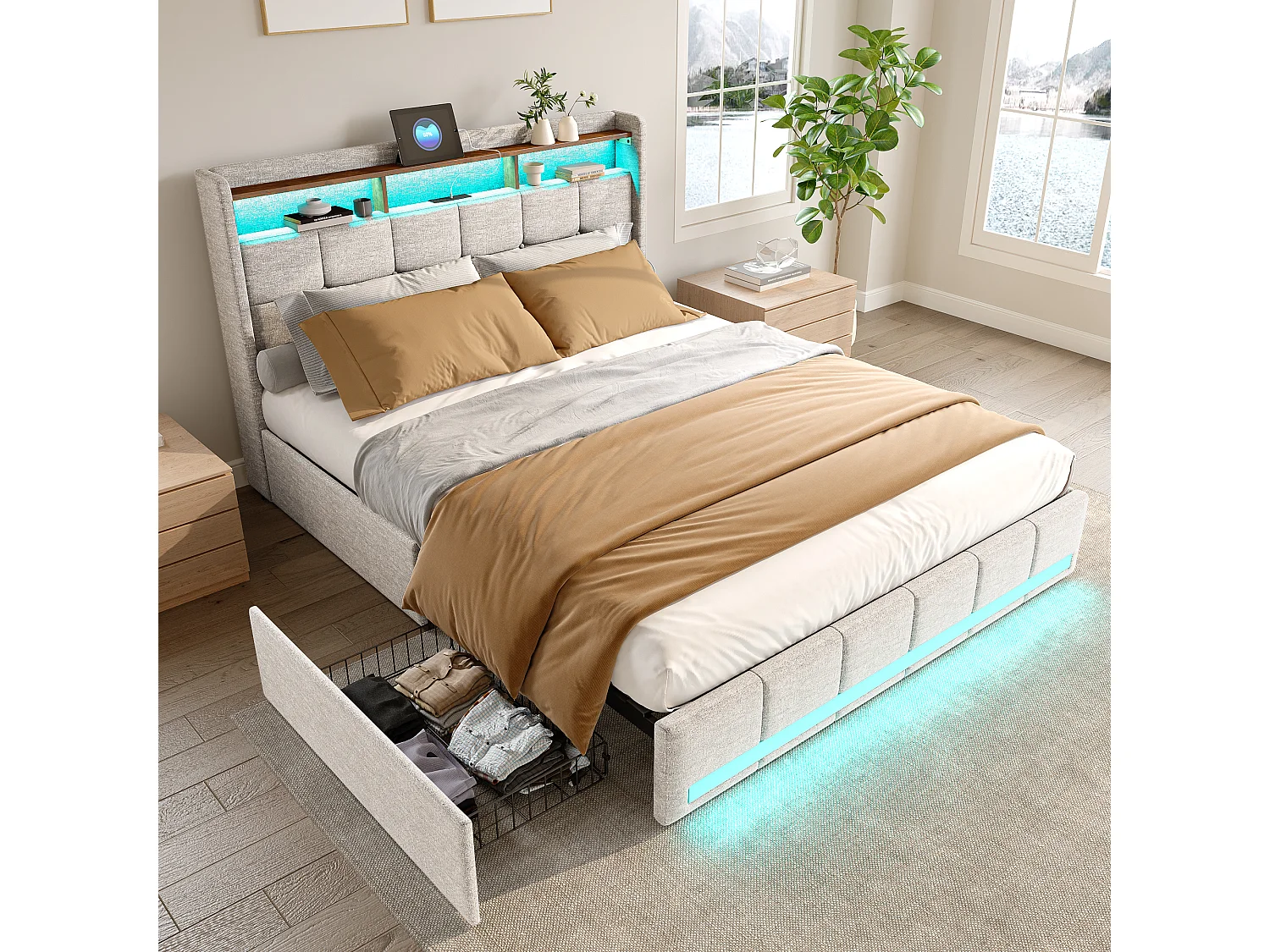 Bed 160x200 cm met LED en USB, ladekast met 4 lades en grote opbergruimte, tweepersoonsbed met lattenbodem, beige