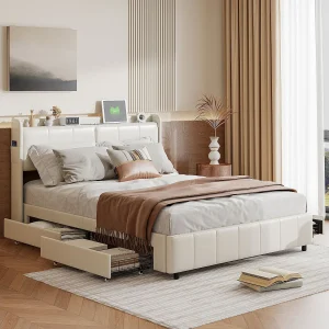 Bed 160×200 cm met lattenbodem, Tweepersoonsbed met USB-oplaadfunctie, Bed met lade, PU, Wit
