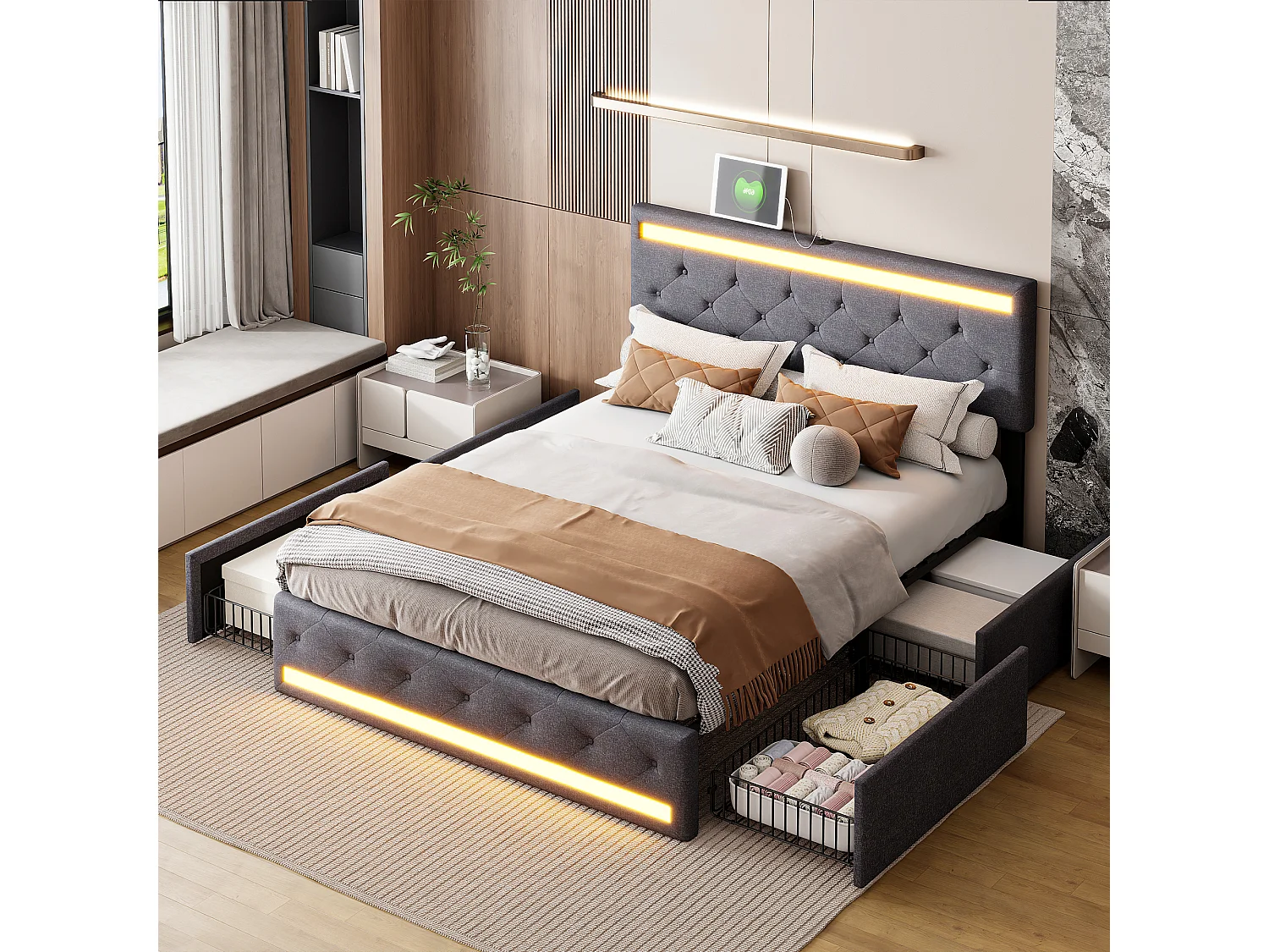 Bed 140x190 cm met LED- en USB-voet, gestoffeerd tweepersoonsbed met lattenbodem en 4 lades, grijs