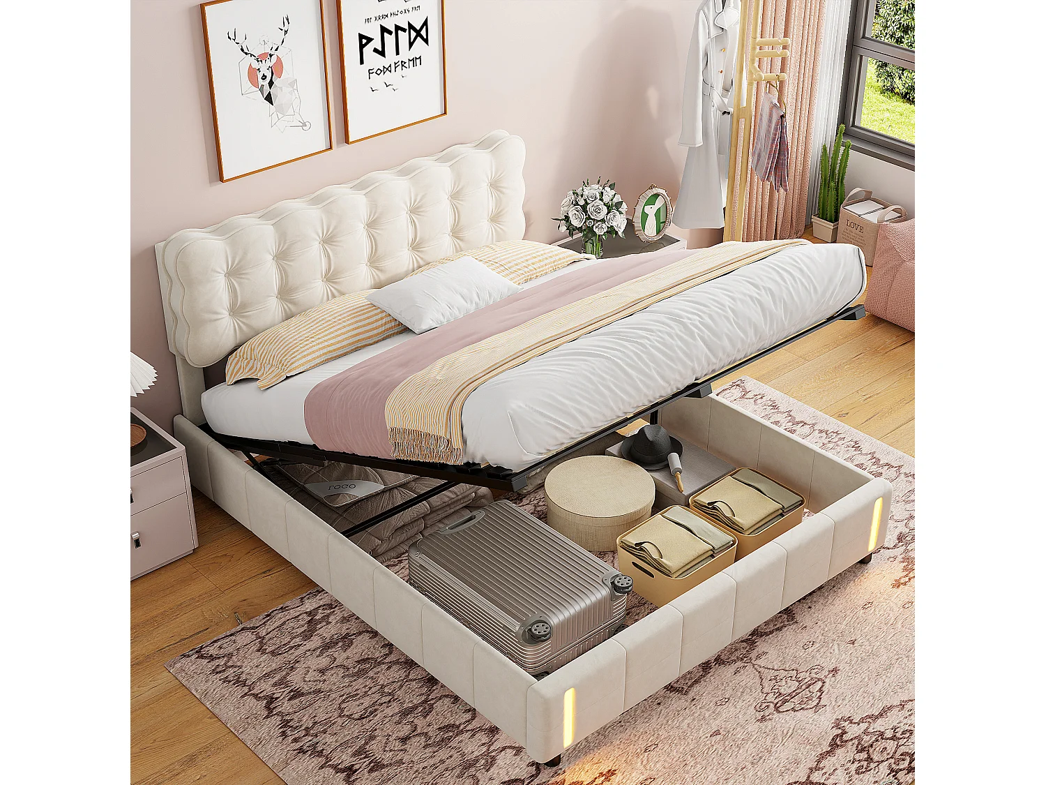 Bed 140x200cm met automatische sensor LED-verlichting, gestoffeerd bed met opbergruimte, fluweel, beige
