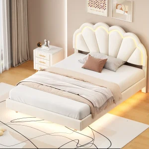 Bed van 140 x 200 cm, bekleed met ledverlichting en een zwevend frame, wolkvormig, fluweel, wit. Bed van 140 x 200 cm, bekleed met ledverlichting en een zwevend frame, wolkvormig, fluweel, wit.