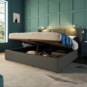 Bed met opbergruimte 140×200 cm – Grijs PU – Gestoffeerd bed met leeslampje en USB-oplader – Matras niet inbegrepen