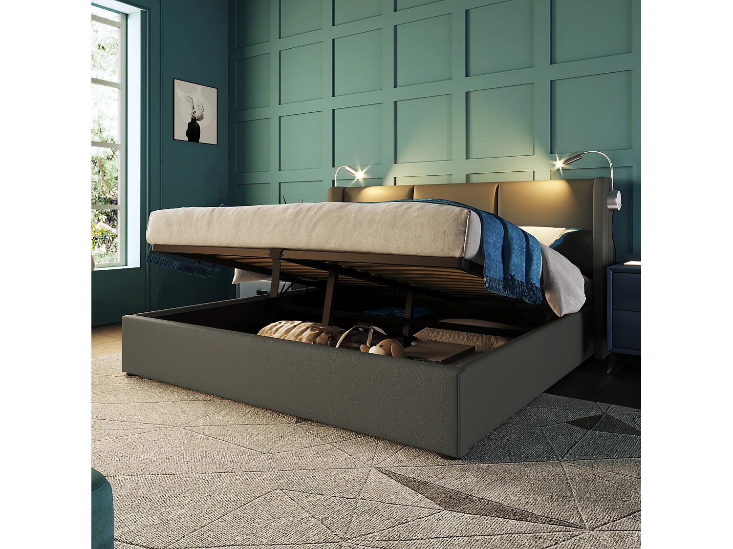Bed met opbergruimte 140x200 cm - Grijs PU - Gestoffeerd bed met leeslampje en USB-oplader - Matras niet inbegrepen