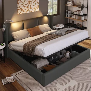 Bed met opbergruimte 160×200 cm – Grijs PU – Tweepersoonsbed met leeslampje en USB-oplader – Matras niet inbegrepen Bed met opbergruimte 160×200 cm – Grijs PU – Tweepersoonsbed met leeslampje en USB-oplader – Matras niet inbegrepen