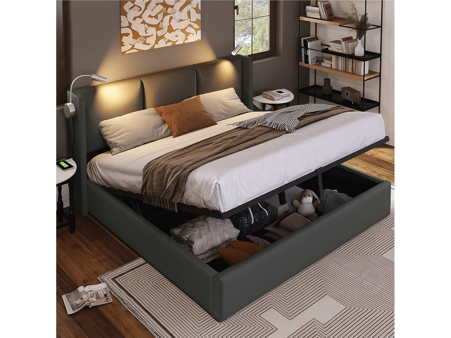 Bed met opbergruimte 160x200 cm - Grijs PU - Tweepersoonsbed met leeslampje en USB-oplader - Matras niet inbegrepen