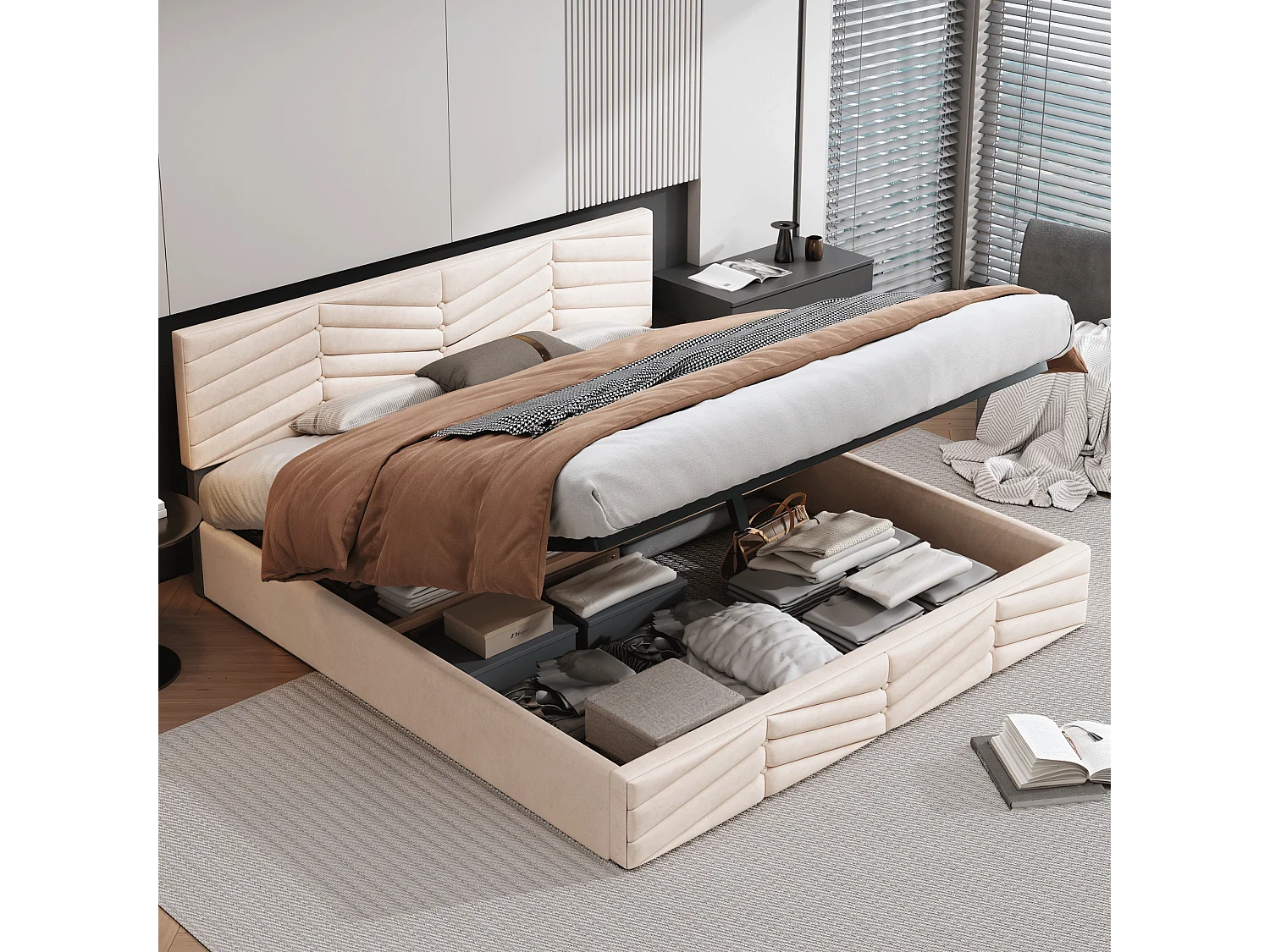 Bed met opbergruimte 160x200 cm - beige fluwelen stof - gestoffeerd bed met in hoogte verstelbaar hoofdbord - zonder matras