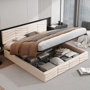 Bed met opbergruimte 180×200 cm – beige fluwelen stof – tweepersoonsbed met verstelbaar hoofdbord en lattenbodem – zonder matras Bed met opbergruimte 180×200 cm – beige fluwelen stof – tweepersoonsbed met verstelbaar hoofdbord en lattenbodem – zonder matras