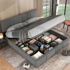 Bed met opbergruimte 180×200 cm – grijze fluwelen stof – tweepersoonsbed met verstelbaar hoofdbord en lattenbodem – zonder matras Bed met opbergruimte 180×200 cm – grijze fluwelen stof – tweepersoonsbed met verstelbaar hoofdbord en lattenbodem – zonder matras