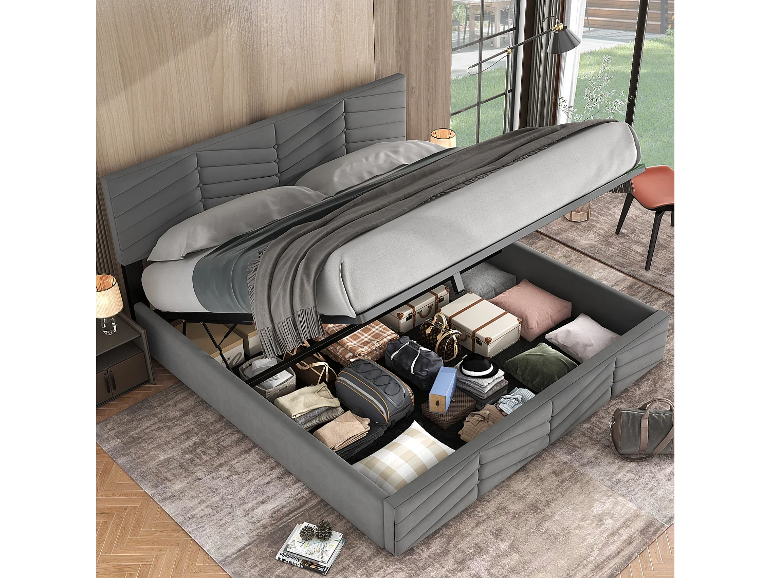 Bed met opbergruimte 180x200 cm - grijze fluwelen stof - tweepersoonsbed met verstelbaar hoofdbord en lattenbodem - zonder matras