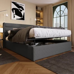 Bed met opbergruimte 160×200 cm – Grijs linnen – Gestoffeerd bed met hoofdbord en lattenbodem – Zonder matras Bed met opbergruimte 160×200 cm – Grijs linnen – Gestoffeerd bed met hoofdbord en lattenbodem – Zonder matras