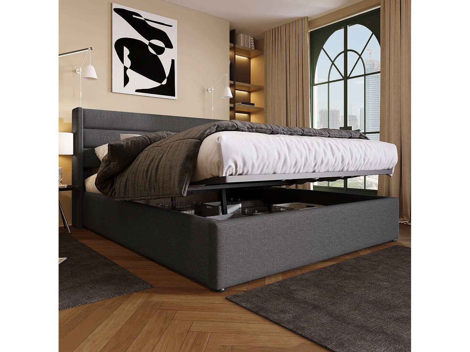 Bed met opbergruimte 160x200 cm - Grijs linnen - Gestoffeerd bed met hoofdbord en lattenbodem - Zonder matras