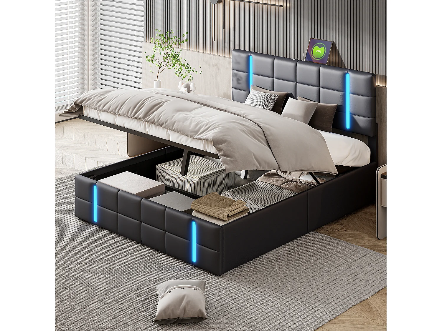 Bed 140x200 cm met LED- en USB-opbergruimte, gestoffeerd volwassen bed, tweepersoonsbed, PU, zwart