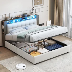 Bed 160×200 cm met lattenbodem en LED, hoofdbord met opbergruimte, tweepersoonsbed met opbergruimte, beige