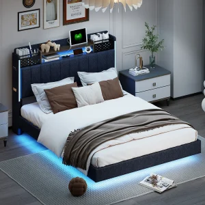 Bed voor volwassenen 140×200 cm in grijs linnen met opberghoofdeinde, LED en USB, zwevend ontwerp, zonder matras Bed voor volwassenen 140×200 cm in grijs linnen met opberghoofdeinde, LED en USB, zwevend ontwerp, zonder matras