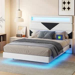 Bed 160 x 200 cm met LED, Tweepersoonsbed met lattenbodem van massief hout, fluweel, wit