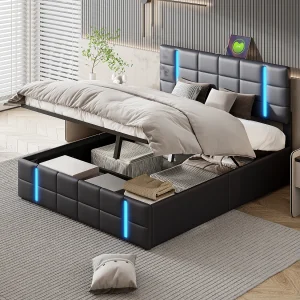 Bed 160×200 cm met LED- en USB-opbergruimte, gestoffeerd volwassen bed, tweepersoonsbed, PU, ​​zwart