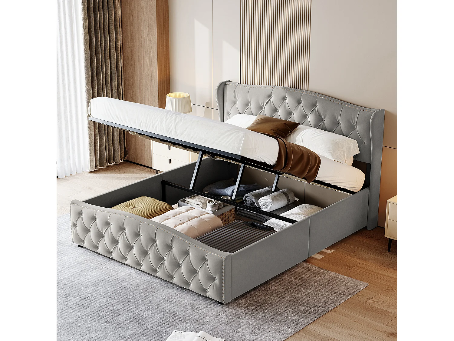 Bed 140x200 cm met lattenbodem en opbergruimte, Tweepersoonsbed met gestoffeerd hoofdeinde, Grijs